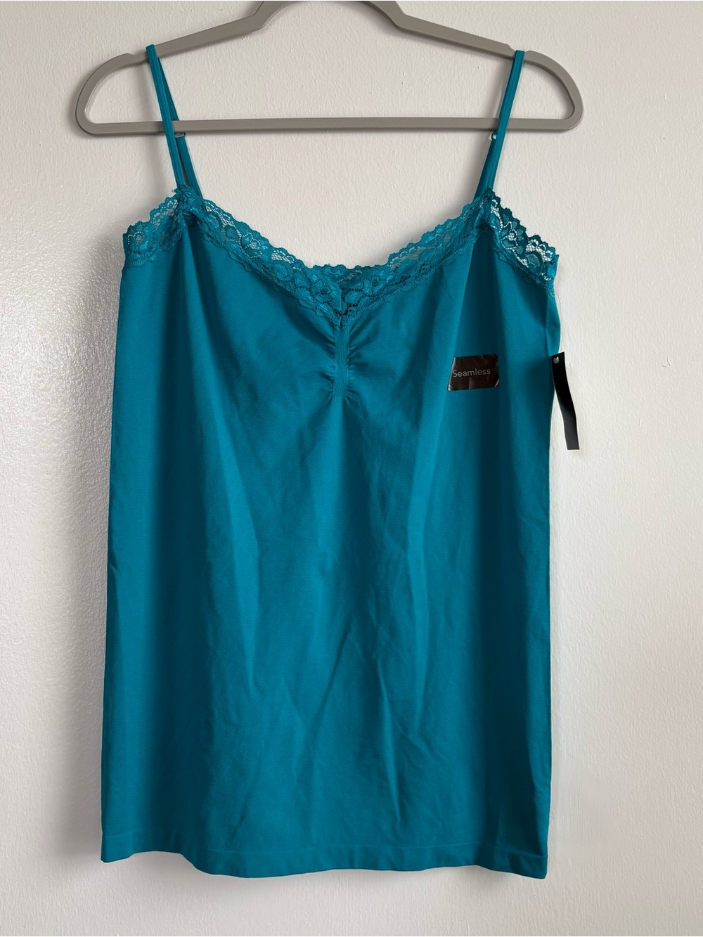 Attention Women’s Teal Solid Spaghetti Strap Stretch Lace Trim Camisole L/XL Y2K